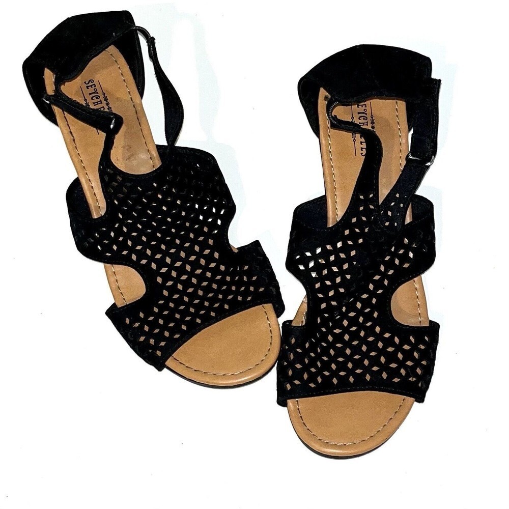 seychelles 8.5 black wedge velcrow closure sandals tulip l68351 lagan look